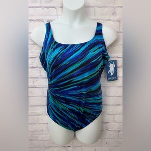Great Lengths Plus Size 18 Panel Scoopneck Slimming One Piece Swimsuit Blue New